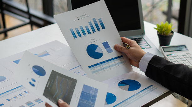 女商人持有文件与财务统计，库存照片，讨论和数据分析，图表和图形与笔记本电脑。金融概念图片下载