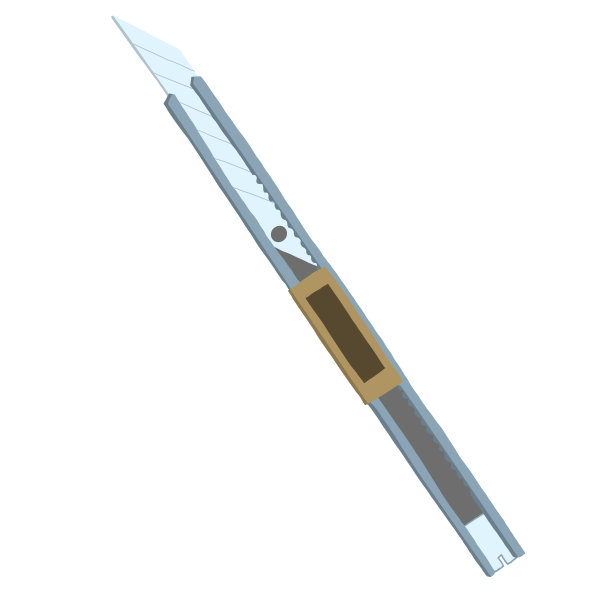 典型的不锈钢办公裁纸刀以可爱的卡通手绘风格，设计元素。文具，剪纸，孤立在白色背景上的剪贴路径。切割刀。图片下载