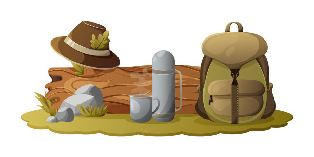 野餐露营带着原木背包和保温帽图片下载