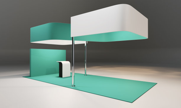 展台设计，绿色展台的墙面和柜台模型，3D效果图图片下载