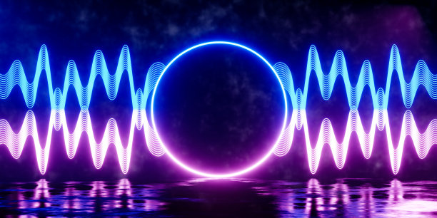 霓虹灯声波和圆形背景3d渲染。图片下载