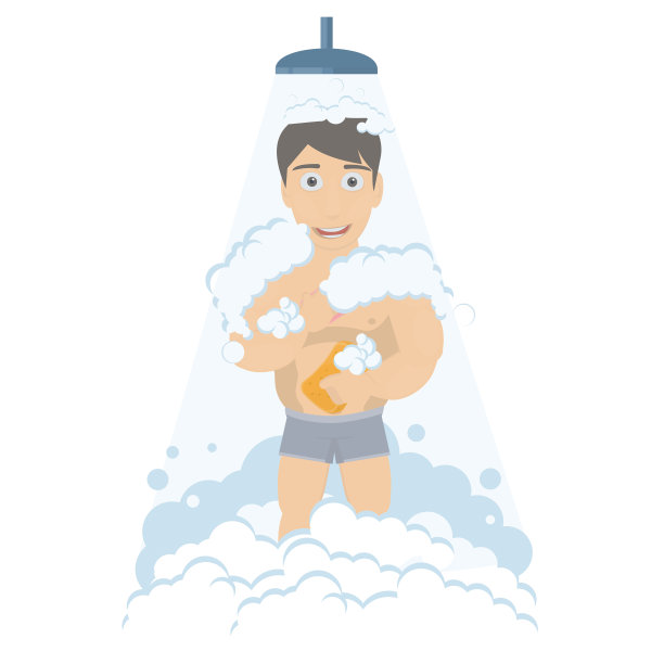 男人在淋浴间洗澡。男人用肥皂和毛巾洗脸图片下载