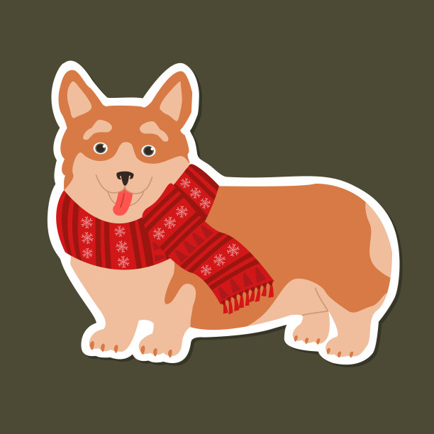 裹着温暖围巾的柯基。可爱的手绘贴纸插图。图片下载