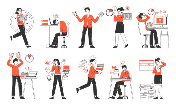 商务人士面临压力，工作截止日期和超负荷的任务。强调商务人物，疲惫上班族平面矢量插画集。办公室团队压力大图片下载