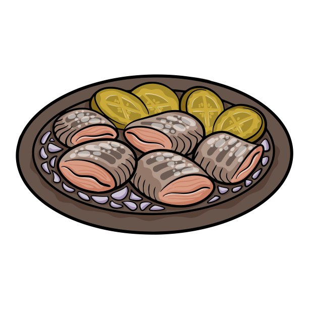 新鲜咸淡鲱鱼，荷兰传统美食，蓝绿色盘子，白色底色。图片下载