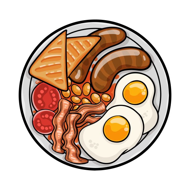 全英式早餐有培根，香肠，鸡蛋，豆子和蘑菇图片下载