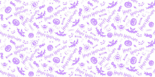 快乐的万圣节-无缝图案的传统紫色节日象征-南瓜，杰克灯笼，僵尸，蝙蝠，蜘蛛，糖果。有趣的纹理图片下载