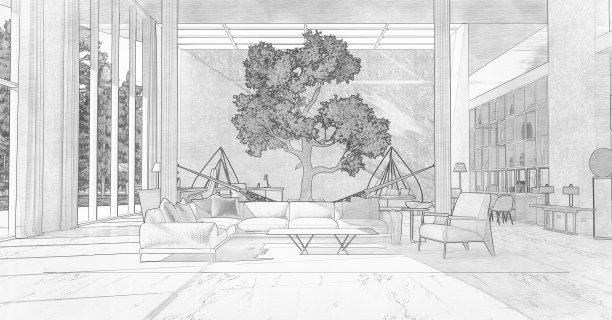 建筑室内设计素描当代，豪华宽敞的客厅，厨房，家庭办公室和树木。图片下载