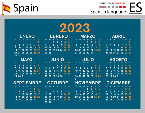 西班牙水平口袋日历2023周图片下载
