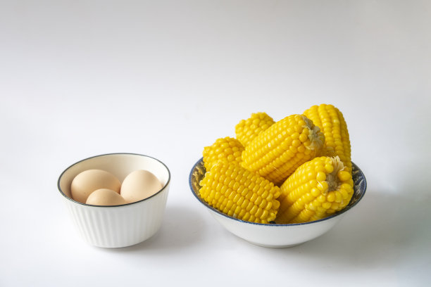 鸡蛋和玉米在白色背景上图片下载