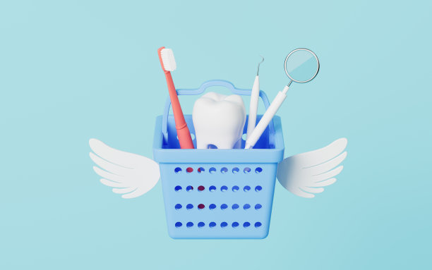 蓝色的篮子和牙刷和牙科工具在蓝色的背景，3d渲染。图片下载