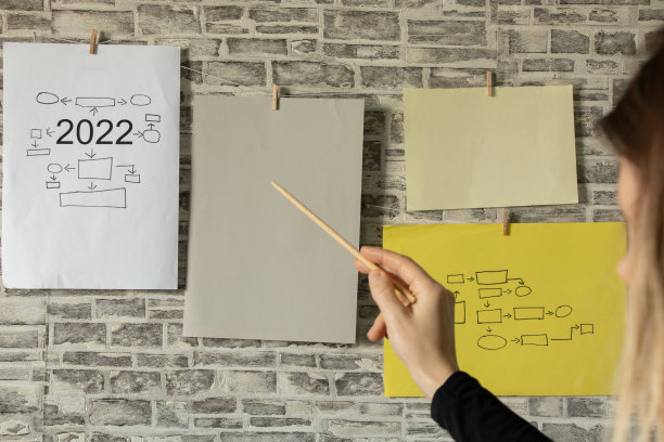 一个女孩站在墙边，手里拿着几何形状的卡片和图画，黑板上有一份商业计划书，计划，工作图片下载