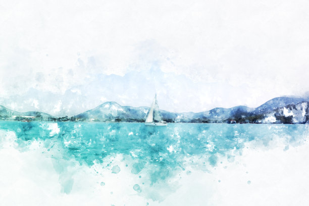 色彩斑斓的山峰和河流在水彩插画画的背景。图片下载