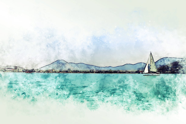 色彩斑斓的山峰和河流在水彩插画画的背景。图片下载