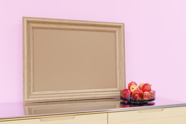 木制柜子上的模型相框。3 d渲染插图。图片下载