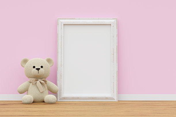 一个带有毛绒玩具泰迪熊的模型相框。3 d渲染插图。图片下载