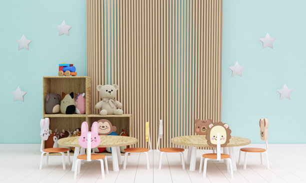 蓝色墙壁的儿童房和毛绒玩具动物的3d渲染插图。图片下载
