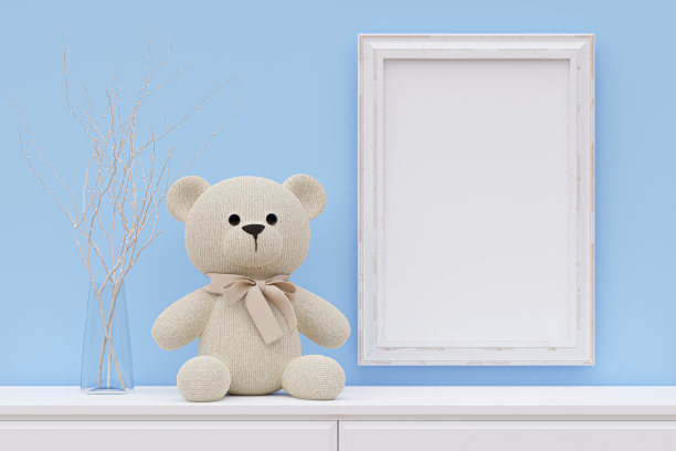 一个带有毛绒玩具泰迪熊的模型相框。3 d渲染插图。图片下载