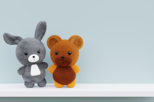 3d渲染的毛绒兔宝宝和泰迪熊在一个白色的展示架上的插图。图片下载