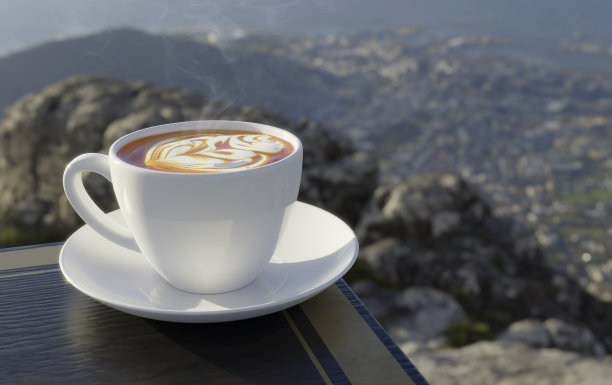 热咖啡杯与木桌和山顶背景的早晨。三维渲染图片下载