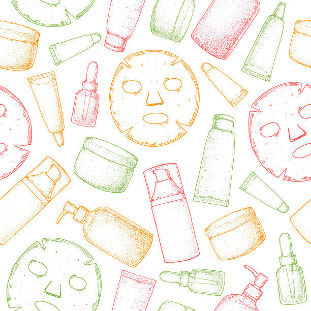 美容化妆品无缝图案。手绘草图。护肤品包装设计。白色背景的化妆品管。的矢量插图。设计模板。图片下载