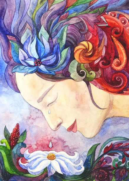 水彩画美丽的花女人图片下载