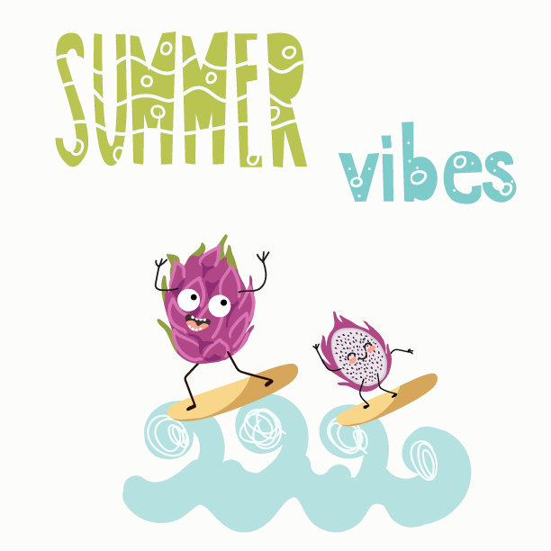 矢量插图有趣的人物，卡通火龙果，火龙果夫妇整个和一半冲浪在海浪。刻字夏天共鸣。素材图片