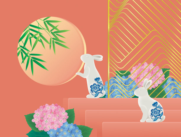 中秋节庆祝活动装饰泥兔，竹子树，金屏风和法国绣球图片下载