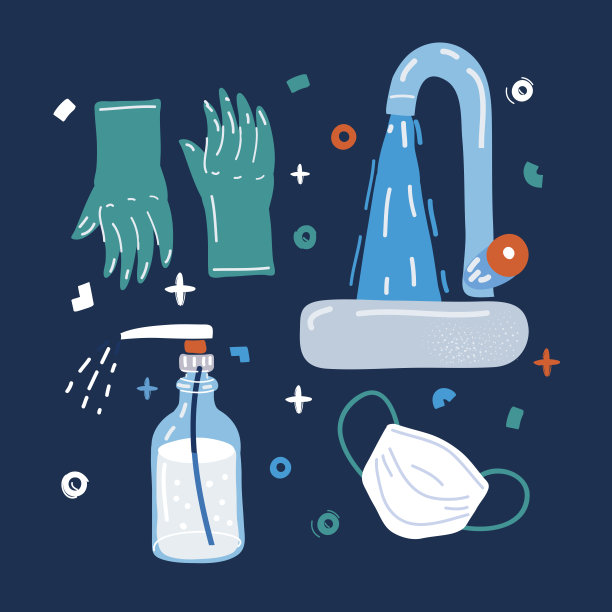 卡通矢量插图橡胶手套手上，医用口罩。一瓶杀菌喷雾。抗菌烧瓶。消毒剂的概念。冠状病毒保护。用肥皂洗手。图片下载