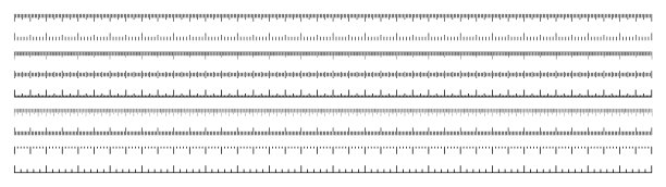 不同的测量尺度与划分。现实的长尺度测量长度或高度厘米，毫米或英寸。标尺、卷尺量痕、尺寸指示器。矢量图图片下载
