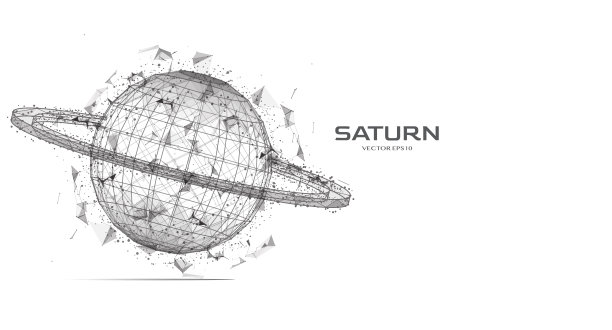 抽象未来数字土星行星三角形和点粒子的拷贝空间向量。低多边形球体与黑色轮廓线框科技背景。图片下载