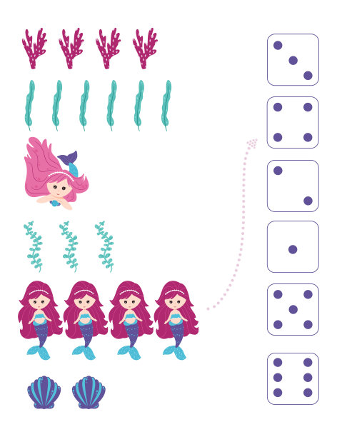 美人鱼。数学与计算教学工作表。向量。图片下载