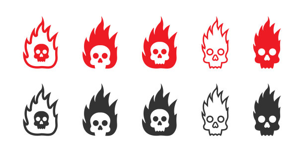 火骷髅图标设置。燃烧的骷髅图标。燃烧头的标志。矢量插图。图片下载
