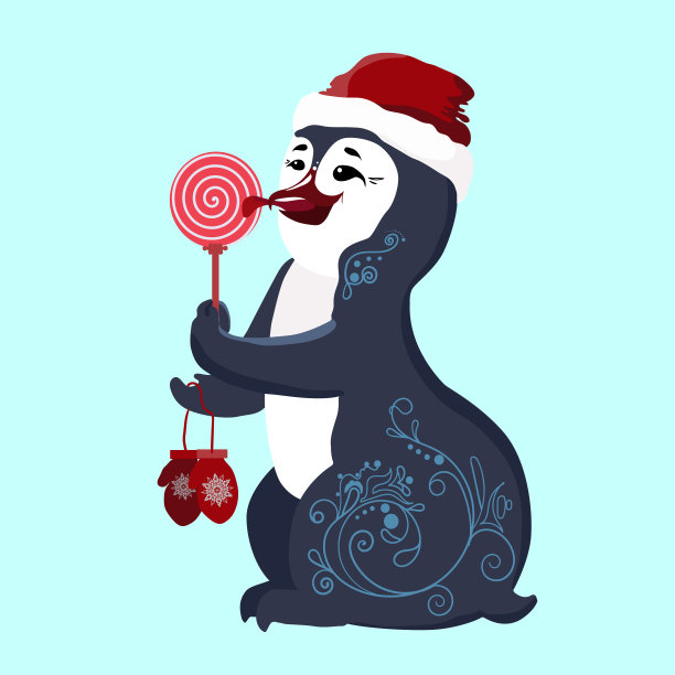 企鹅戴着手套和帽子。新年，雪花加棒棒糖。北极的动物。插图矢量孤立风格。彩色图片礼品包装。图片下载