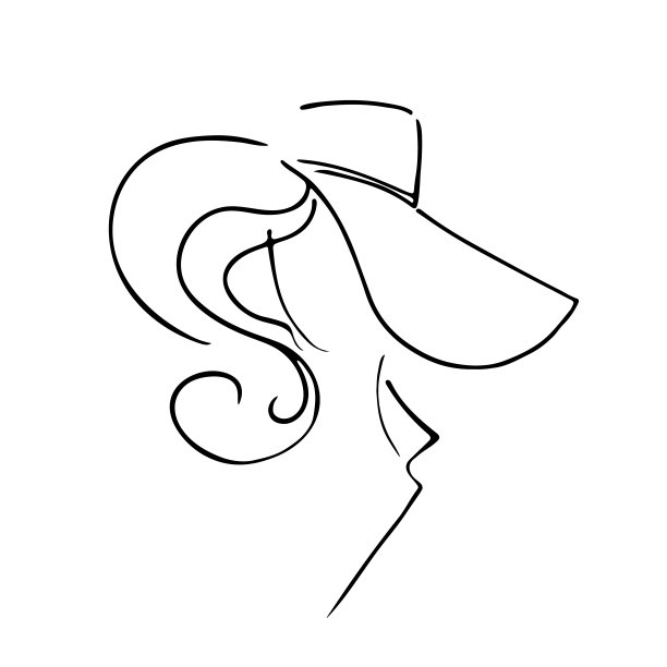 肖像，一个头戴帽子的女孩。极简艺术，美容院标志设计，女性面孔。矢量插图线条艺术。图片下载