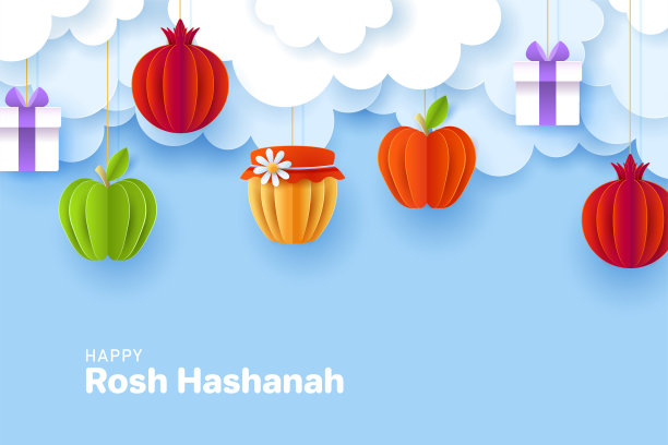 犹太节日的横幅设计，用纸切苹果，蜂蜜和石榴。矢量插图。图片下载