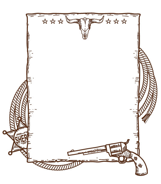 西部牛仔背景。矢量手绘插画狂野西部海报和警长明星和套索和枪和牛仔配件孤立在白色。图片下载