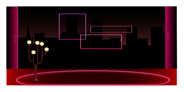 未来的室内设计与霓虹灯的轮廓和豪华落地灯和夜晚的城市作为背景。奢华的室内设计理念和未来主义元素。矢量插图。图片下载