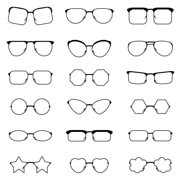 18种不同形状的黑色框架眼镜图标的选择。图片下载