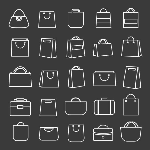 一套购物袋细线图标白色和平面风格孤立在白色背景。矢量图图片下载