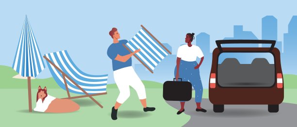 多元文化的夫妇或家庭打包他们的汽车用品，包，沙滩椅和狗，平面矢量插图与公路旅行图片下载