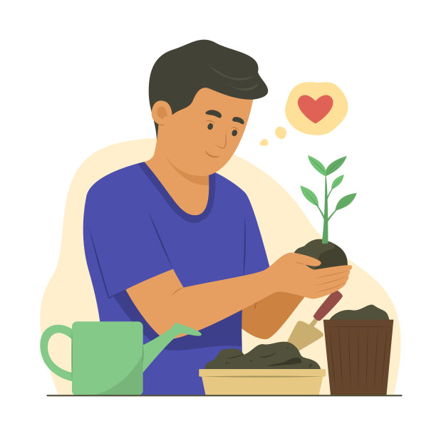 男孩在花盆中种植一株植物。图片下载