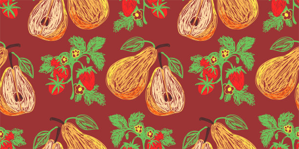 草莓和梨的素描。手绘矢量插图。用笔或记号笔涂鸦水果图片下载