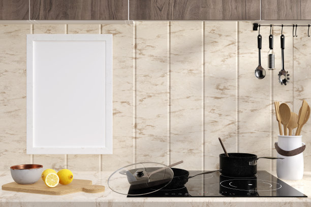 在阳光充足的厨房里，一个带有烹饪器具的现代电炉的3d渲染插图。图片下载