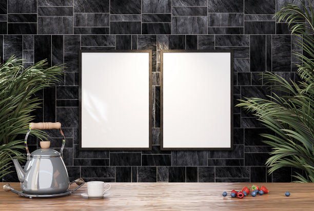 空房间相框配瓷砖墙，室内背景图像。图片下载