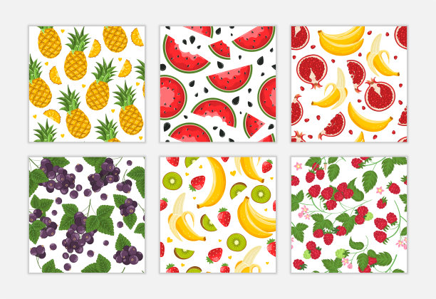一套现代水果无缝图案。完美的织物，纺织品，印刷或包装。矢量插图。图片下载