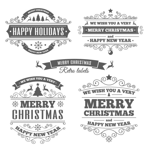 圣诞快乐复古标签黑色。圣诞球，鹿，糖果，冷杉树，丝带，角，和礼物孤立在白色背景。矢量图图片下载