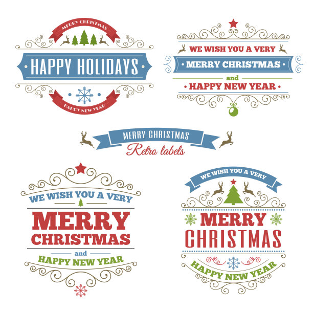 圣诞快乐，复古的颜色标签。圣诞球，鹿，糖果，冷杉树，丝带，角，和礼物孤立在白色背景。矢量图图片下载