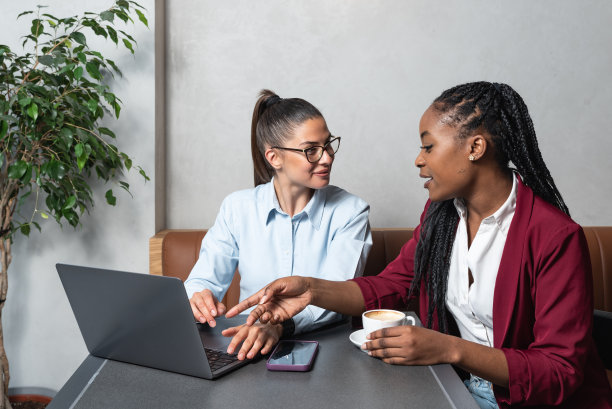 两个成功的自由职业女性在自助餐厅用笔记本电脑工作。无线电子商务商务会议由两位自信的女性在电脑上的咖啡店。图片下载