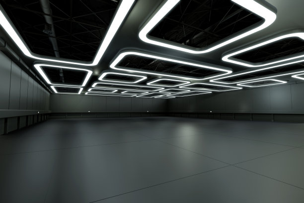 展览中心空无一人。展览摊位、摊位、市场、贸易展览的背景。谈话活动,会议。舞台娱乐、事件、体育。室内的工厂,展厅。3 d渲染。图片下载